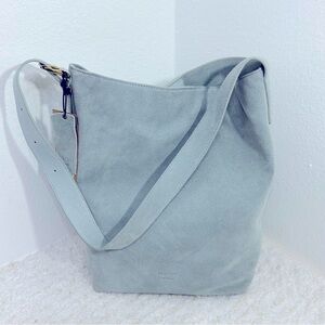 Margot New York Kaye Bucket Tote Light Gray Suede Leather Shoulder Bag